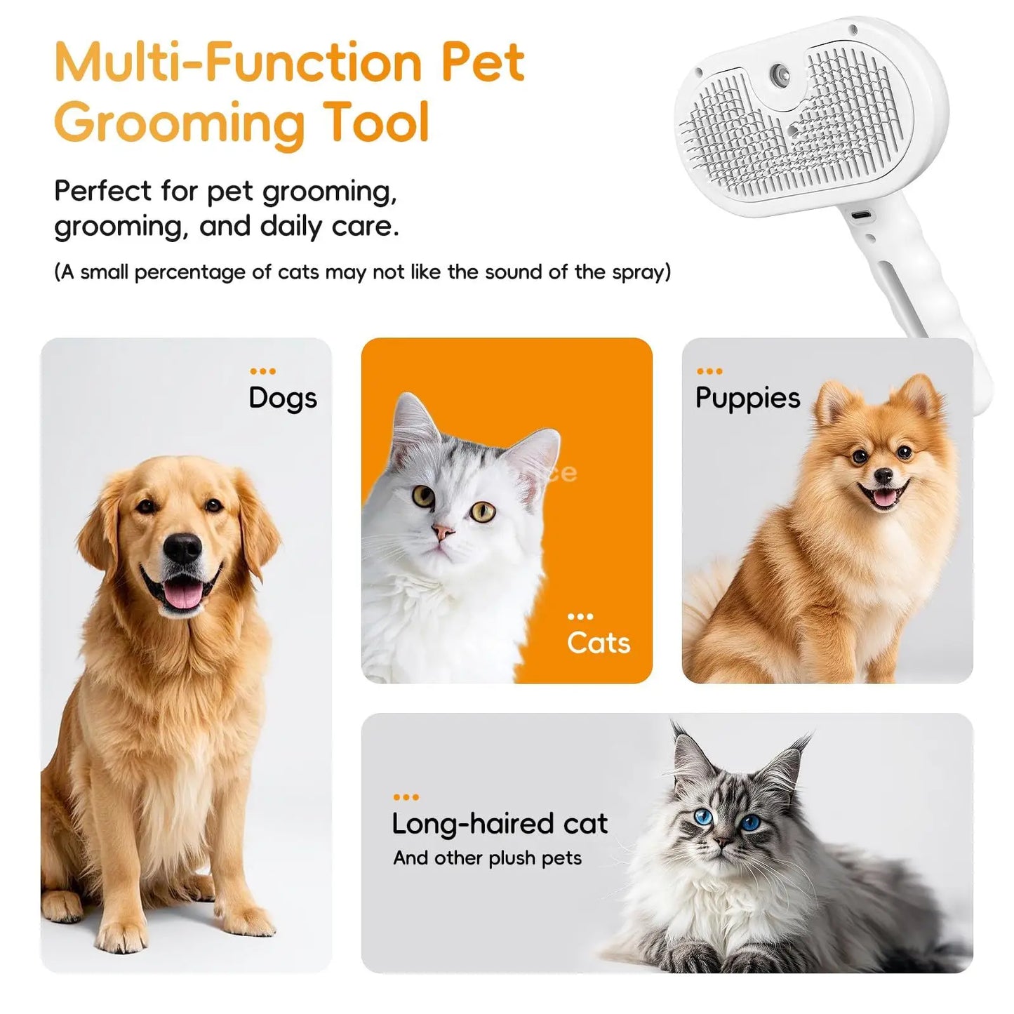 Cepillo de vapor para gatos y perros, herramienta eléctrica de vapor con función de vapor, accesorios para el cuidado de mascotas, removedor de pelo para gatos y perros.