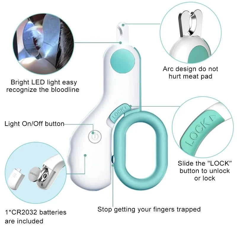 Cortauñas profesional con luz LED y cierre de seguridad, ideal para perros y gatos de todas las edades.